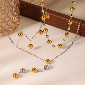 Elegant two-tone gold and silver beaded ball chain necklace in stainless steel