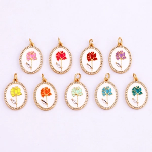 Copper rose pendants with colorful enamel flowers and sparkling crystal borders