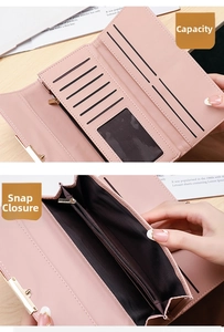 Detail view of pink trifold wallet interior with multi-card slots and secure zipper pocket