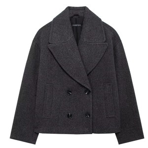 Women's dark gray wool blend double-breasted short coat with lapel collar on white background