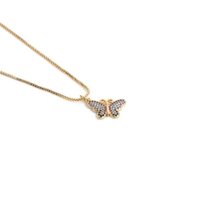 Minimalist gold box chain necklace with a colorful butterfly pendant and micro-set gemstones