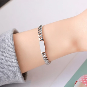 Minimalist silver titanium steel curb chain bracelet with a blank rectangular bar tag
