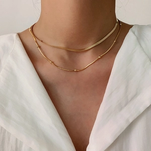 Double Layer Stainless Steel Necklace Flat Snake Chain Beaded Clavicle Chain Vacuum Plated Jewelry For Women
