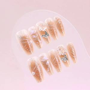 Handmade Press On Nails Long Coffin Gradient Nude Pink Butterfly Artificial Pearl Rhinestone Decor Luxury Style For Women Reusable