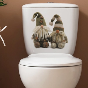 Christmas gnome toilet lid stickers featuring green and striped gnome decals on white tank