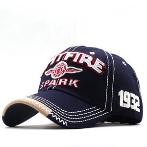 Detail of vintage navy cotton baseball cap with SPARK 3D embroidery and contrast stitching