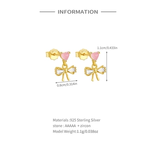 Detail view of S925 sterling silver bow heart earrings with pink zircon and dimensions