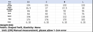 Size chart for women's asymmetrical dress including length, bust, waist, and hip details