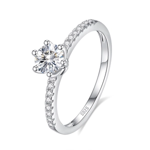 Classic S925 sterling silver six-prong moissanite ring with side accent zircons