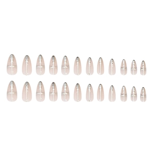 Nude almond press-on nails set with silver 3D cross designs and glitter accents