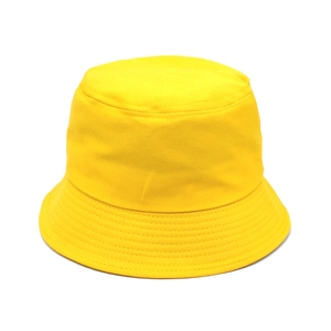 Detailed view of yellow cotton sun hat with reinforced stitching on the brim