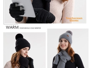 Close-up of winter knit beanie set including scarf and touchscreen-compatible gloves