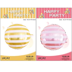 Pink and gold striped round foil balloons for birthday party dessert theme decor