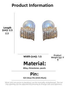 Detailed size view of geometric rhinestone stud earrings with pearls and 925 silver needles