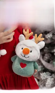Detail of Christmas snowman plush with reindeer antlers and red heart embroidery