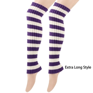 Detail of long purple and white striped rib-knit leg warmers in extended style for winter