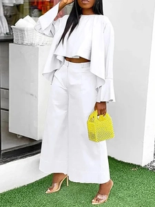 Elegant white two-piece set featuring flare sleeve top and high-waist wide-leg trousers