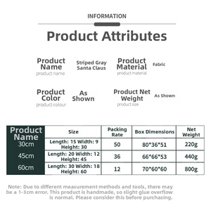 Size chart for Nordic Santa Claus dolls showing 30cm, 45cm and 60cm striped fabric specs