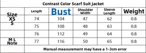 Detailed size chart for the color block scarf blazer with measurements for XS to L