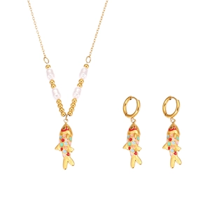 18k gold plated necklace and earring set with pearls and colorful koi fish pendants