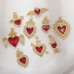 Red Heart Pendant Charms Copper Gold Plated Enamel Zircon Gothic Sacred Heart Crown Wings Flame Jewelry Making Accessories