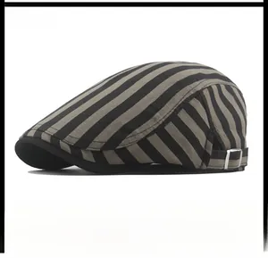 Macro detail of striped army green beret showing breathable fabric and metal buckle