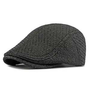 Klassische schwarze Schirmmütze aus Strohgewebe im britischen Retro-Stil für Damen und Herren