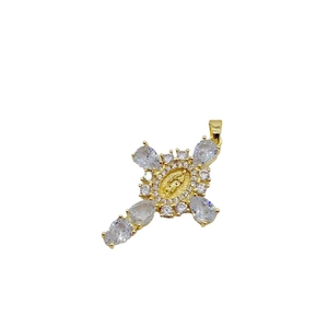 Golden cross pendant with Virgin Mary relief and white micro-set zircon stones