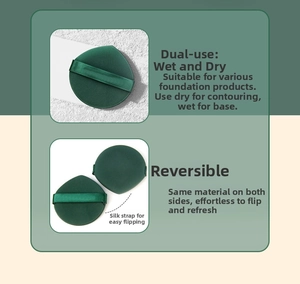 Detail of dark green makeup sponge with reversible ribbon for dual-sided wet and dry use