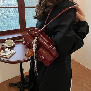 Women Underarm Bag Glossy PU Leather Double Front Pockets Retro Bowling Handbag Large Capacity Commute Shoulder Bag