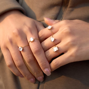 Adjustable gold plated stainless steel chain rings with mixed zircon stones