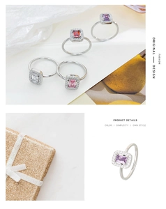 Close-up of rectangle zircon rings in multiple colors with luxury gift box packaging