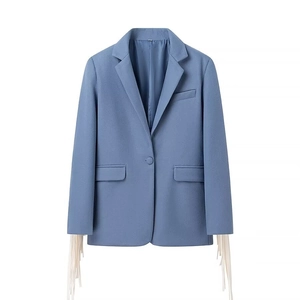 French style blue wool blazer for women with white fringe trim on cuffs and lapel collar
