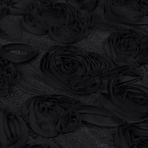 Elegant black pleated dress with delicate floral lace and 3D rose embroidery detail