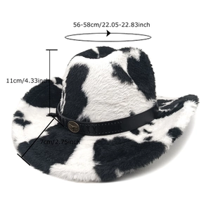 Sombrero de vaquero con estampado de vaca en felpa con banda de cuero y placa de metal