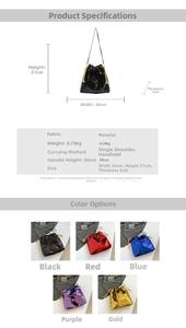 Detailed size chart and multi-color options for sequined bucket bag with chain strap
