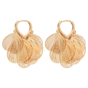 Gold hollow petal heart drop earrings with luxury fan-shaped metal charms on white background
