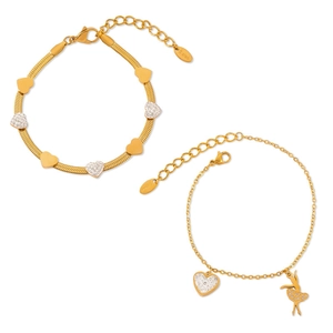 Elegant gold titanium steel bracelets with heart charms and ballet girl pendant