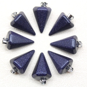 Detailed macro view of eight hexagonal blue goldstone crystal pendants with silver metal bails
