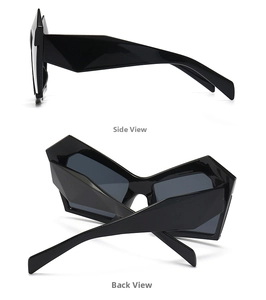 Side and back view of black chunky geometric sunglasses with sharp angular frames