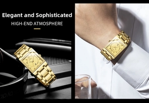 Detailed view of a gold square business watch for men with calendar and metal strap