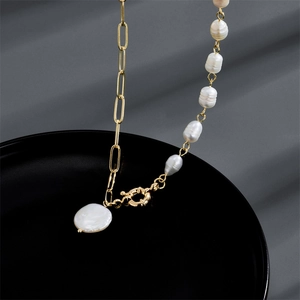 French baroque freshwater pearl and golden paperclip link chain necklace for women