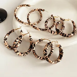Leopard Print Hoop Earrings For Women Retro Fashion Faux Leather Wrapped With Silver Earring Post Waterdrop Round Shape