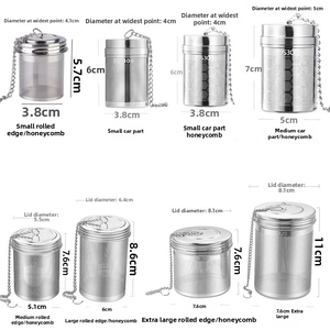 Size chart showing 8 models of 304 stainless steel tea strainers with dimensions