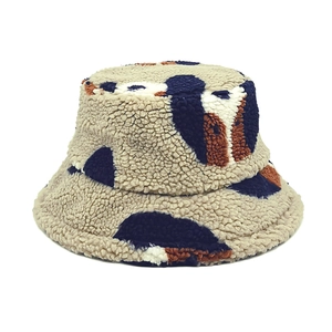 Bucket Hat Lamb Wool Warm Winter Faux Fur Animal Dog Print Patchwork Vintage Adjustable Fisherman Pot Hat For Women Men