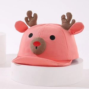 Detail of pink baby baseball cap with 3D reindeer antlers and embroidered animal face