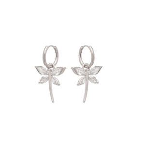 Silver dragonfly hoop earrings with clear zircon crystals for elegant women