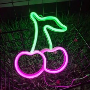 Close-up of cherry LED neon sign with pink and green light on a decorative lawn