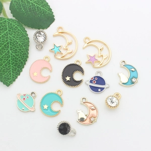 DIY colorful alloy moon and star pendants with rhinestones for jewelry making