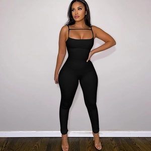 Combinaison Femme Tricot Côtelé Sans Manches Bretelles Spaghetti Dos Nu Découpé Coupe Slim Pantalon Long Sexy